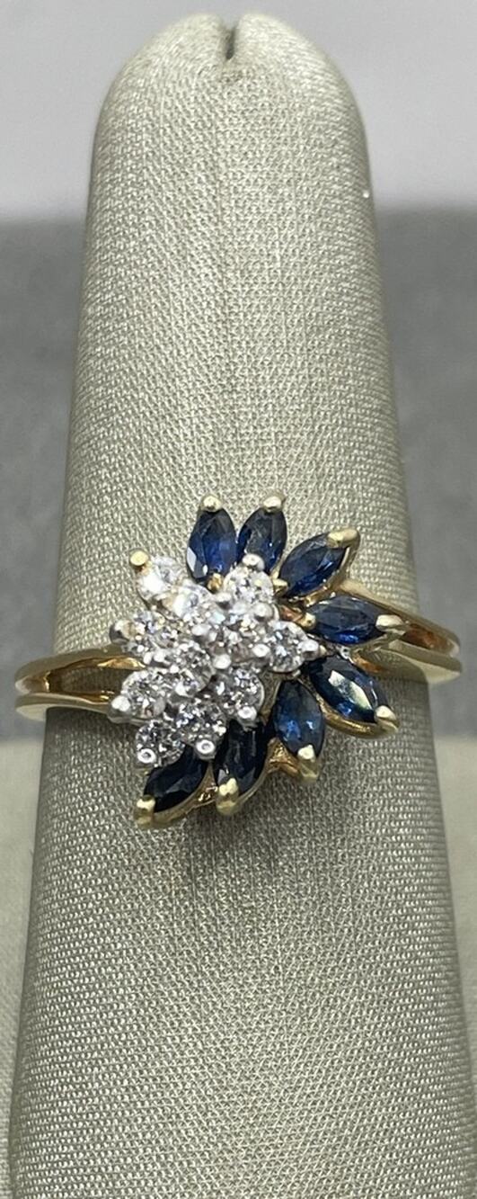 14K Yellow Gold Diamond & Blue Stone Cluster Wave Ring (21886)